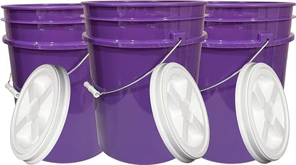 House Naturals 5 Gallon Purple Food Grade BPA Free, Made in USA, Plastic Bucket with Screw On Air Tight lid, (Pack of 3) (Purple Buckets with White Lids)