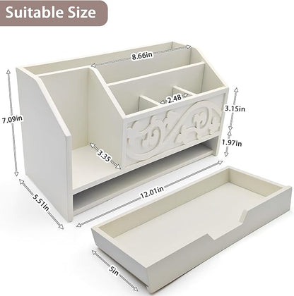 White Wooden Mail Organizer with Drawer, Three Tiered Desk Accessories for Office Organization and Storage, Stylish Countertop Document Storage, Home/Office/Classroom Supplies (White02)
