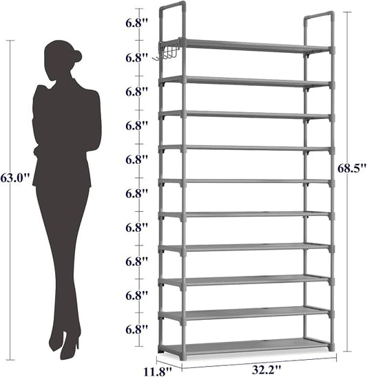 Kitsure Shoe Rack for Closet - 10-Tier Shoe Organizer with Hook Rack, Large-Capacity & Space-Saving Shoe Shelf for Entryway, Bedroom, Living Room,32.2" x 11.8" x 68.5", Gray
