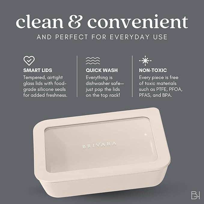 BRIVARA HOME Ceramic Coated Glass Food Storage Container | No PTFE, PFOA, PFAS, and BPA | Reusable Non Toxic Meal Prep Container with Glass Lid | Easy To Store | 3 Cup Rectangle [Crema]