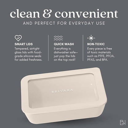 BRIVARA HOME Ceramic Coated Glass Food Storage Container | No PTFE, PFOA, PFAS, and BPA | Reusable Non Toxic Meal Prep Container with Glass Lid | Easy To Store | 3 Cup Rectangle [Crema]