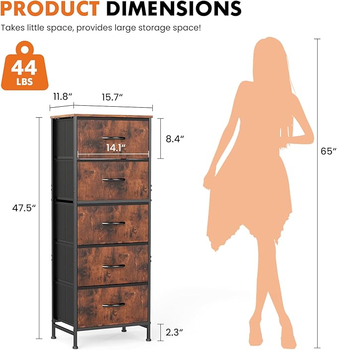 Sweetcrispy 5 Drawer Dresser with Fabric Bins Steel Frame Wood top Storage Chest for Bedroom Closet Hallway Brown Compact Organizer Durable Home Storage Solution