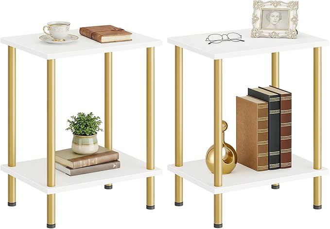 HOOBRO End Tables Set of 2, Small Side Table, Nightstand with 2-Layer Storage Shelves, Sofa Table for Small Spaces, Living Room, Bedroom, Stable Frame, Easy Assembly, White and Gold DW09BZP201