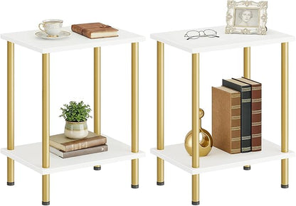HOOBRO End Tables Set of 2, Small Side Table, Nightstand with 2-Layer Storage Shelves, Sofa Table for Small Spaces, Living Room, Bedroom, Stable Frame, Easy Assembly, White and Gold DW09BZP201