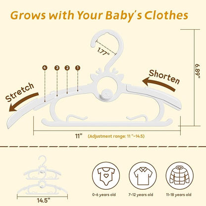 Kids Hangers 30PCS, 11"-14" Extendable and Stackable Baby Hangers, 45g Ultra-Thick Space Saving Non-Slip Plastic Hanger for Infant, Toddler and Nursery Closet, White