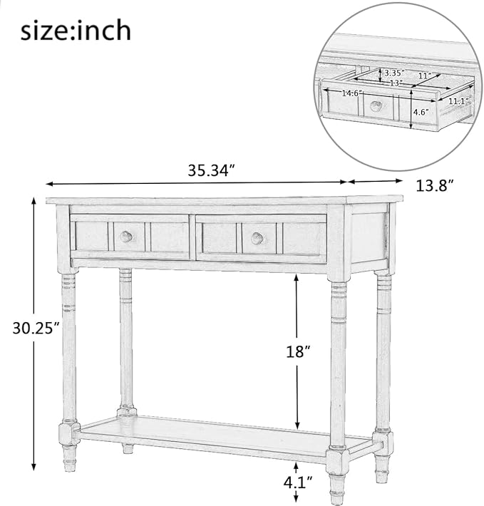 Knocbel Antique Entry Console Table with 2 Drawers & Bottom Open Shelf, Wood Sofa Tables for Entryway Hallway Living Room, 35.34" W x 13.8" D x 30.25" H, Black