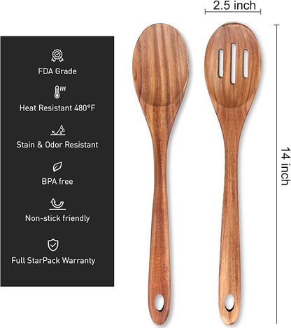 2-Piece 14 inch Large Wooden Spoon Set Non Toxic Solid Wood Spoons Cooking Utensils Slotted Spoon Long Non-Stick Cooking Spoons Teak Wood Kitchen Spatula for Mixing Stirring Serving Spoons