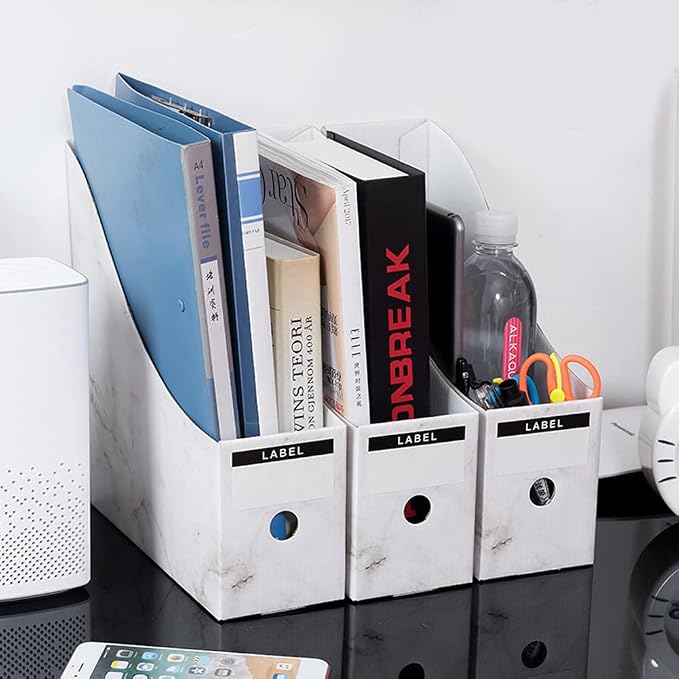 Foldable Desk File Holder Organizer Sturdy Cardboard Magazine Storage Box Document Rack with Blank Label Stickers for Home School Office (15, Marble)