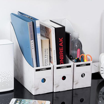 Foldable Desk File Holder Organizer Sturdy Cardboard Magazine Storage Box Document Rack with Blank Label Stickers for Home School Office (15, Marble)