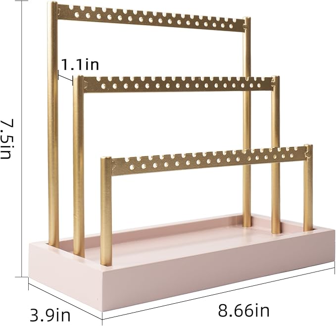SANY DAYO HOME 3-Tier Earring Holder Organizer Stand, 105 Holes Gold Metal Earring Rack Jewelry Display Tree with Pink Wood Tray for Women and Girls
