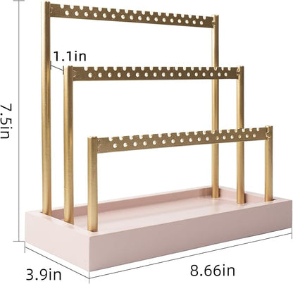 SANY DAYO HOME 3-Tier Earring Holder Organizer Stand, 105 Holes Gold Metal Earring Rack Jewelry Display Tree with Pink Wood Tray for Women and Girls