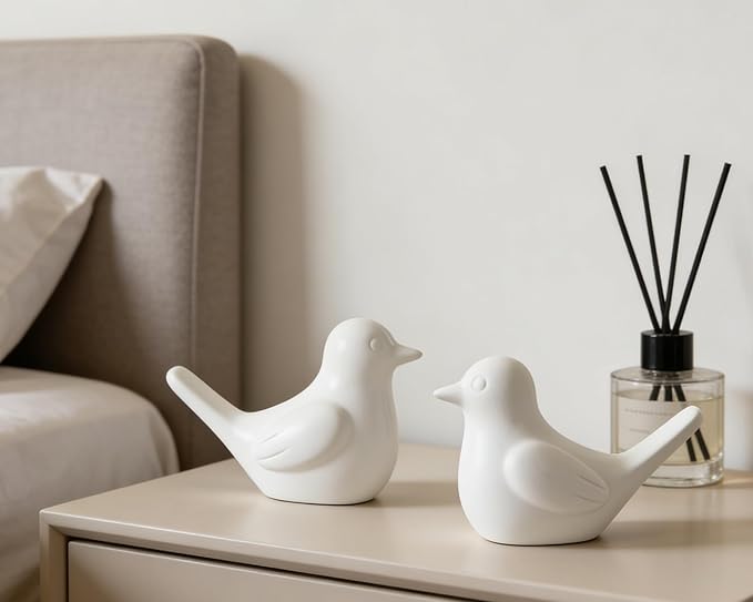 Artconal Small White Bird Statue Ceramic 2-Piece Set, 4½ inch Cute Knick Knack for Home Office Shelf Desk Decor