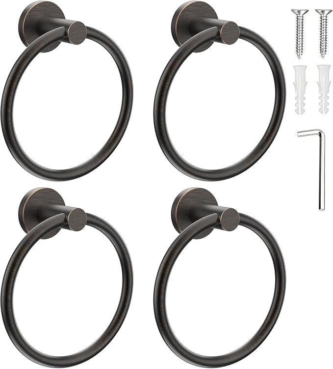 SetSail Towel Holder for Bathroom Wall Screw-in Towel Ring Stainless Steel Hand Towel Holder 4 Packs Oil Rubbed Bronze Towel Hanger for Bathrooms, Kitchen