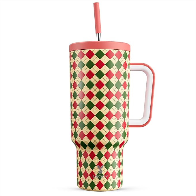 Meoky 40 oz Christmas Tumbler with Handle and Straw, Xmas Tumbler with Lid and Straw, Insulated Stainless Steel Travel Mug, Christmas Gifts for Women Men Adults (Winter Plaid)