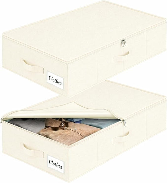 Under Bed Storage Container Bins 2 Pack, Low Profile Foldable Underbed Clothes Storage Organizer W/ Ultra Thick Fabric and Sturdy Bottom/Sides, Dual Zipper Storage Box for Dorm and Home 30x16x6.7"