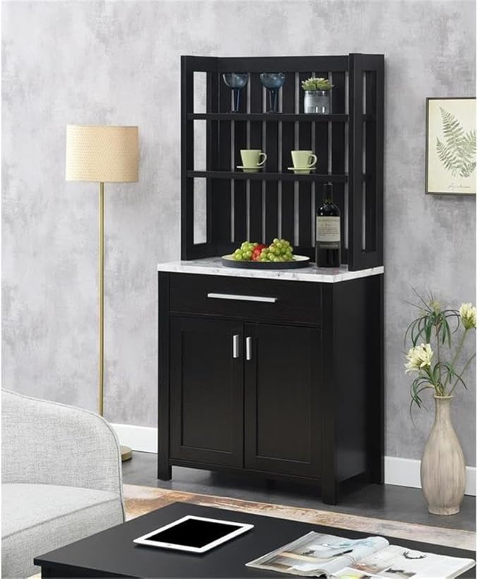 Pemberly Row Wine Bar w/Cabinet in Espresso Wood w/White Faux Marble Top