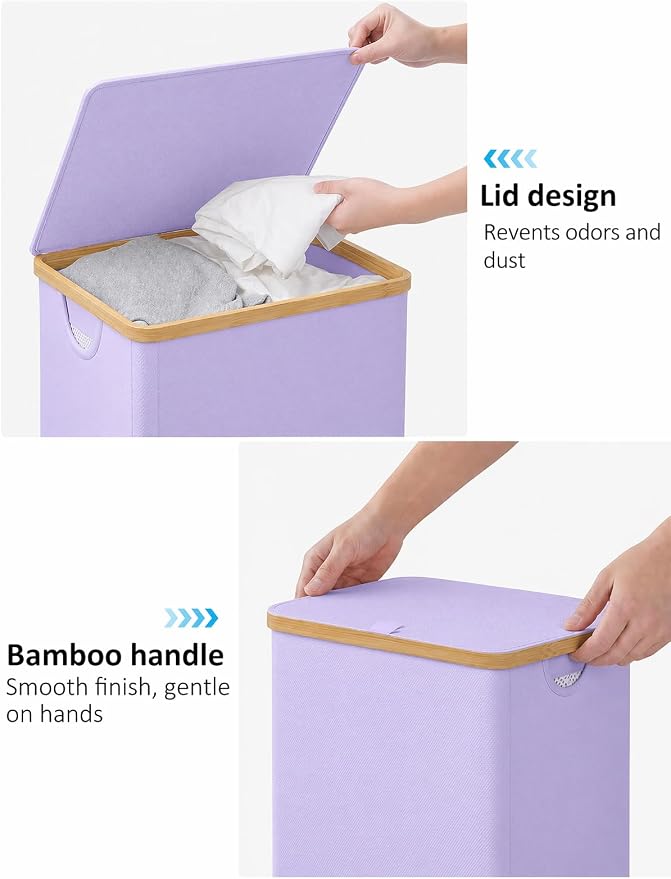 Laundry Hamper with Lid, 110L Large Laundry Basket with Removable Bag, Clothes Basket Hamper with Bamboo Frame for Clothes Towels Organizer- Purple