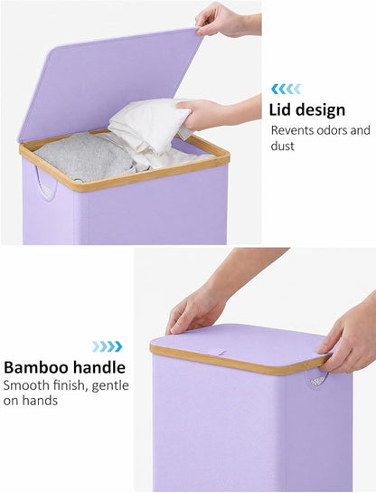 Laundry Hamper with Lid, 110L Large Laundry Basket with Removable Bag, Clothes Basket Hamper with Bamboo Frame for Clothes Towels Organizer- Purple