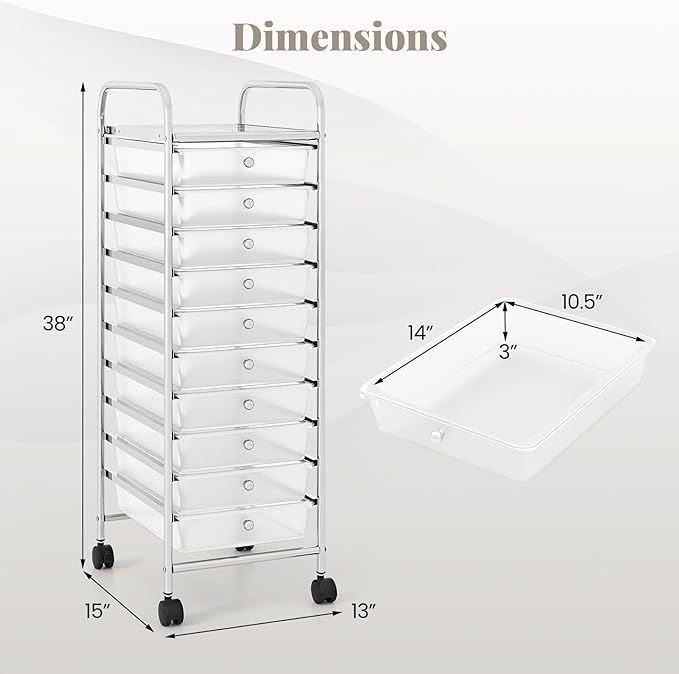 RELAX4LIFE 10-Drawer Rolling Storage Cart, Utility Cart with Metal Frame, Lockable Wheels & Removable Drawers, Multipurpose Art Craft Organizer for Home Office Classroom (Clear)