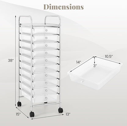 RELAX4LIFE 10-Drawer Rolling Storage Cart, Utility Cart with Metal Frame, Lockable Wheels & Removable Drawers, Multipurpose Art Craft Organizer for Home Office Classroom (Clear)