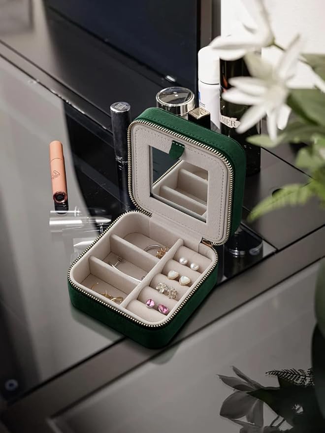 S.Leaf Travel Jewelry Organizer Boxes for Women Small Portable Necklace Earrings Bracelet Rings Travel Case Best Friend Birthday Gifts for Women Trendy (08_Suede_Touch_Emerald)