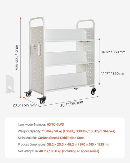 VEVOR Rolling Library Book Cart, 330 lbs Capacity, 38.2 x 20.3 x 48.2-Inch Library Cart, Double Sided W-Shaped Shelves with 3-Inch Lockable Wheels, Book Truck for Home Shelves Office and School, White
