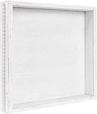 Wooden Decorative Tray, Small Serving Tray with Wood Bead, Farmhouse Big Tray for Ottoman, Countertop, Coffee Tabl, 13" x 13"x 1.6" (Retro White)