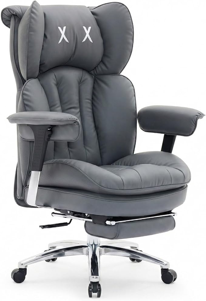 Efomao Big & Tall Executive Office Chair with Footrest - 400lbs Heavy Duty High Back PU Leather Desk Chair, Modern Ergonomic Reclining Computer Chair, Grey