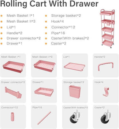 Sorgion 5 Tier Rolling Cart Organizer,Bathroom Cart Organizers with Wheels Laundry Room Organization Mobile Shelving Unit Utility Cart Storage Shelves Multi-Functional for Office, Home(Pink)