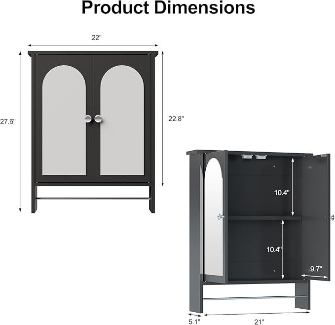 Bathroom Medicine Cabinet Mirror,Arched Bathroom Cabinet with Mirror,Surface Mount Medicine Cabinet Wall Mounted,Mirrored Medicine Cabinets with Towel Bar,Black Wall Cabinet 22x28