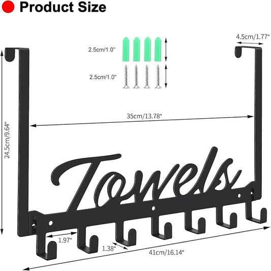 Azmoncy 2 Pack Over The Door Hooks, Towel Rack for Bathroom Towel Holder for Hanging Heavy Duty, Over Door Towel Hanger with 14 Coat Hooks for Bedroom Bathroom Kitchen Towels, Bags, Hats - Black