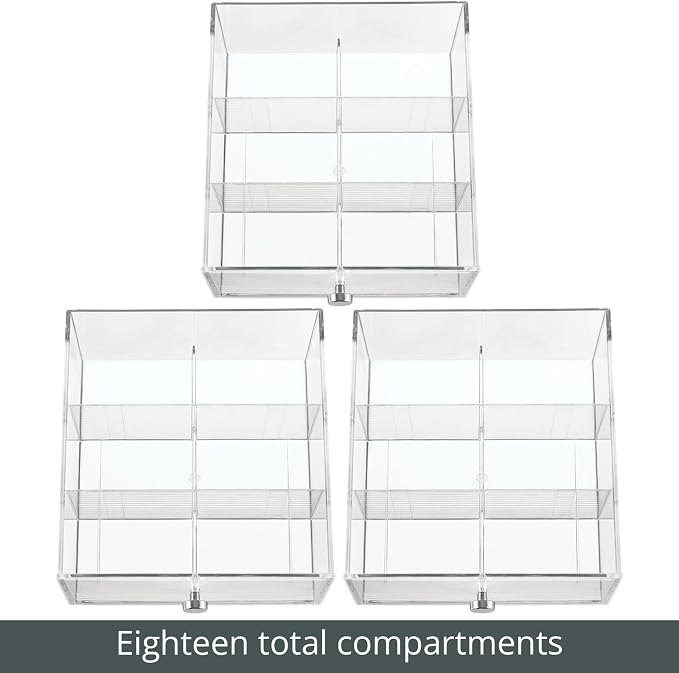 mDesign Plastic Wide Kitchen Pantry, Cabinet, Countertop Organizer Storage Station, 3 Drawers for Coffee, Tea, Sugar Packets, Sweeteners, Creamers, Drink Pods, Packets; 18 Sections, Dark Gray/Clear