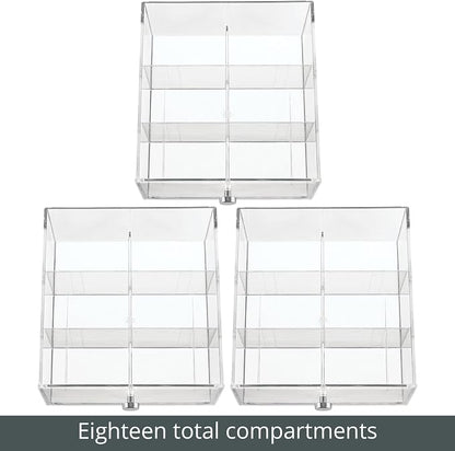 mDesign Plastic Wide Kitchen Pantry, Cabinet, Countertop Organizer Storage Station with 3 Drawers for Coffee, Tea, Sugar Packets, Sweeteners, Creamers, Drink Pods, Packets; 18 Sections - Clear