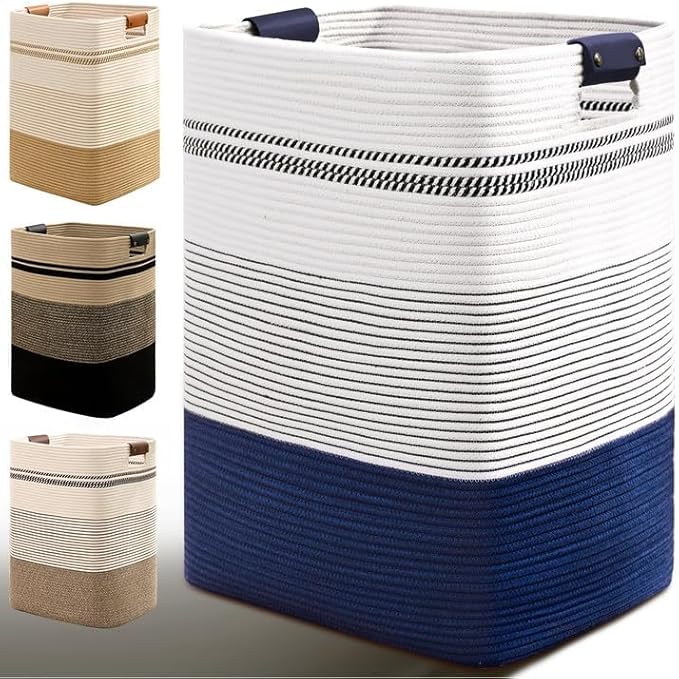 Degeyoyo Laundry Hamper, 95L Tall Laundry Basket with Leather Handles, Rectangle Large Clothes Hamper for Organizing, Cotton Woven Laundry Baskets Storage Hampers for Bedroom, Nursery, Living Room