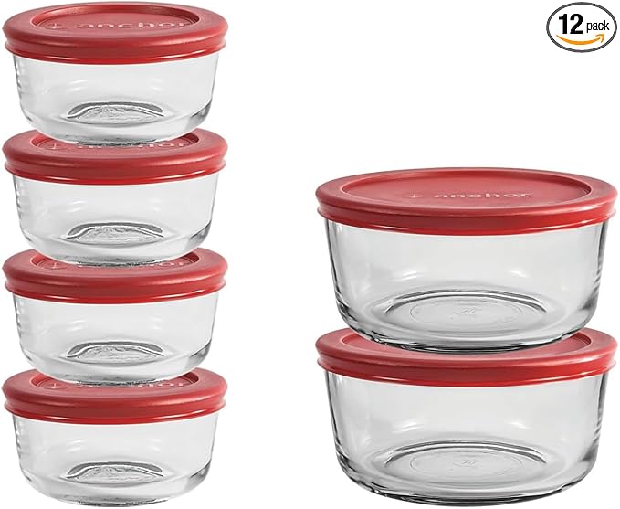 Anchor Hocking 12 Piece Glass Storage Containers with Lids (6 Glass Food Storage Containers & 6 Red SnugFit Lids)
