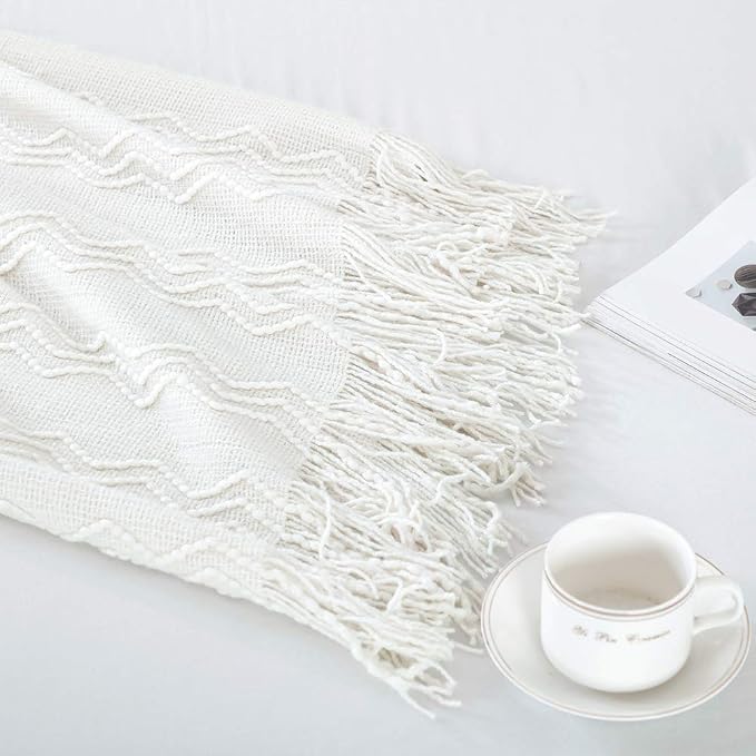 BOURINA Off White Throw Blanket 60x80 Inches Throw Textured Solid Soft Sofa Throw Couch Knitted Decorative Blanket