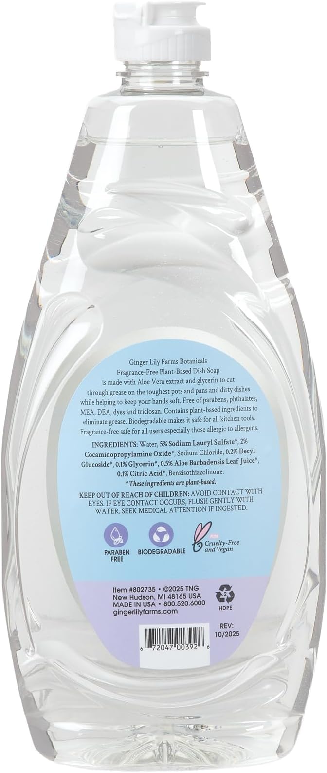 Ginger Lily Farms Botanicals Plant-Based Liquid Dish Soap, Concentrated Formula with Max Grease Cleaning Power, Cruelty-Free, Fragrance-Free, 24 Fl Oz (Pack of 8)