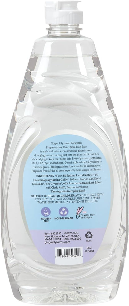 Ginger Lily Farms Botanicals Plant-Based Liquid Dish Soap, Concentrated Formula with Max Grease Cleaning Power, Cruelty-Free, Fragrance-Free, 24 Fl Oz (Pack of 8)
