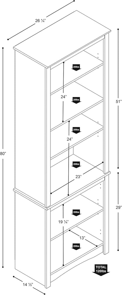 Prepac Sonoma Tall 6-Tier Bookcase 80"H with 2 Adjustable Shelves, White Storage Cabinet, Modern Display Cabinet, Bookshelf with Storage Shelves for Home Office, Living Room, Bedroom Organizer