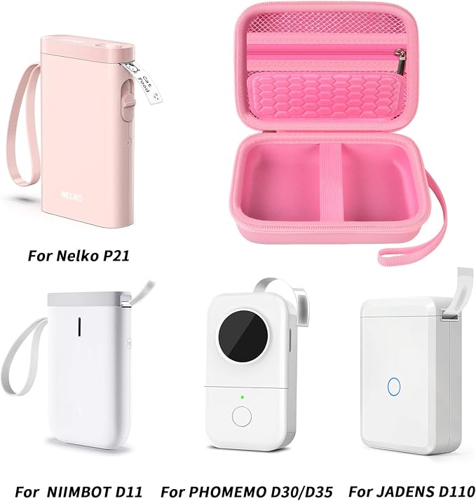 Comecase Case Compatible with Nelko P21/ for Phomemo D30 D35 Label Maker Machine, for JADENS D11/ for SUPVAN Mini Labeler Sticker, Labler Maker Storage for Tape&Accessories - Pink