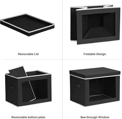Homsorout Storage Bins with Lids, 3 Pack Large Storage Cubes with Window, Closet Bins with Lids & Handles, Fabric Box for Organizing Clothes, Towels, Books, Black