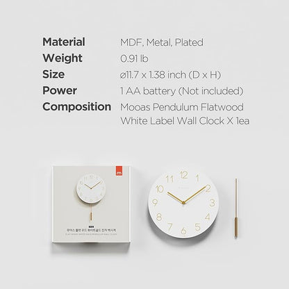 mooas Flatwood Wall Clock Pendulum White,12" Wood Wall Clock Non-Ticking Sweep Movement Decorative Clock Battery Operated Clock for Home Living Room Kitchen Bedroom Office School