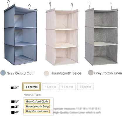 Hanging Closet Organizer 3-Tier, Oxford Wardrobe Storage, Beige Houndstooth | Easy-mount foldable design holds clothes, handbags, shoes & accessories; washable Oxford fabric, sturdy and space-saving.