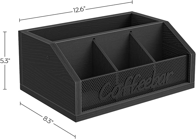 YATINEY Coffee Bar Organizer, Wooden Coffee Pod Organizer for Countertop, Versatile Pod Holder with Dividers, Holds Syrup, Cups, Tea Bags, Easy Assembly, Black KH11BB