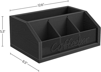 YATINEY Coffee Bar Organizer, Wooden Coffee Pod Organizer for Countertop, Versatile Pod Holder with Dividers, Holds Syrup, Cups, Tea Bags, Easy Assembly, Black KH11BB