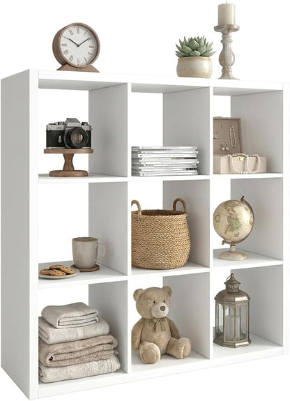 WannabeMyself【2026 Wooden Thick Frame】 9 Cube Storage Organizer with Anti-Tipping Kits, Reversible Open Back Book Shelf,Bookcase for Living Room,Bedroom,Entrance Hall,Office,11.6×36.3×36.3,White