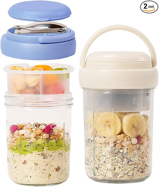 UWILLION Overnight Oats Containers with Handles, 16 oz Glass Mason Jars with Lids, Folding Spoons & Topping Compartments, Yogurt Parfait Cups for Meal Prep, Chia Pudding, Breakfast to Go, 2 Pack