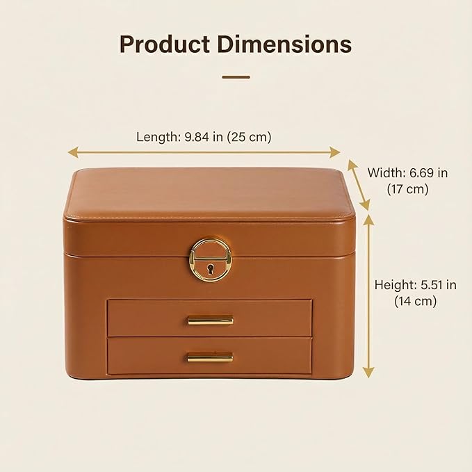 Jewelry Box for Women, Large Dresser Top Organizer with 3 Layers & 2 Drawers, PU Leather Storage Case for Earrings, Necklaces, Rings, Giftable Vanity Box (brown)