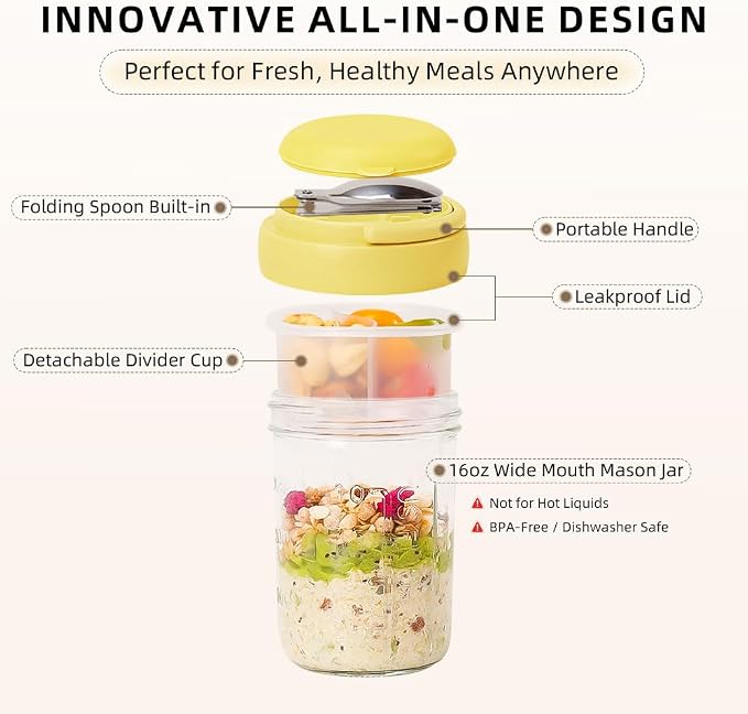 UWILLION 4 Pack Overnight Oats Containers with Handles, 16 oz Glass Mason Jars with Lids, Folding Spoons & Topping Compartments, Yogurt Parfait Cups for Weekly Meal Prep, Chia Pudding & Snacks