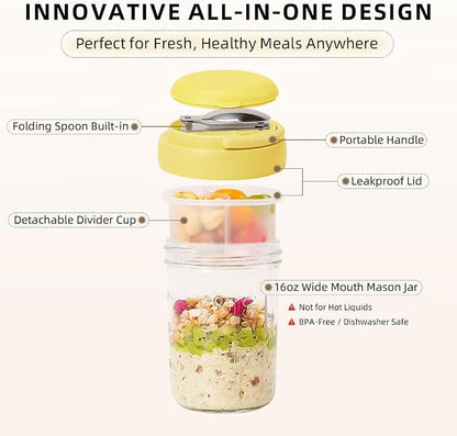 UWILLION 4 Pack Overnight Oats Containers with Handles, 16 oz Glass Mason Jars with Lids, Folding Spoons & Topping Compartments, Yogurt Parfait Cups for Weekly Meal Prep, Chia Pudding & Snacks